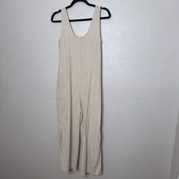 Marine Layer size S Hemp Tencel Blend Romper Pants Tan White Striped Womens - Picture 4 of 13
